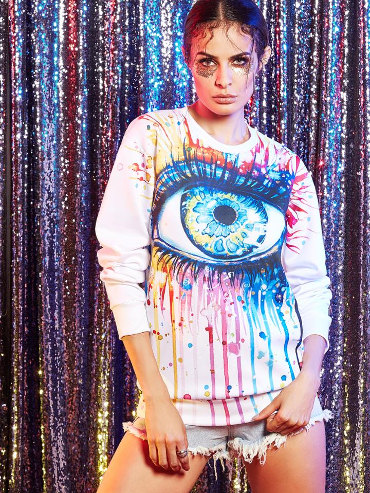 Romwe White Eye Print Long Sleeve Sweatshirt
