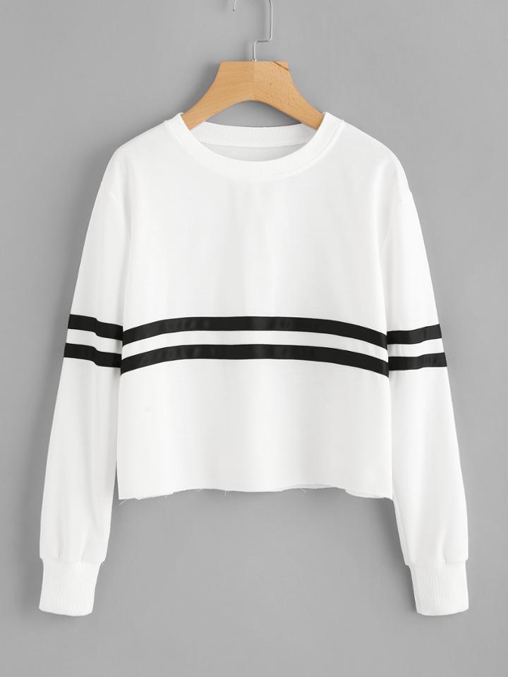 Romwe Contrast Striped Raw Hem Sweatshirt