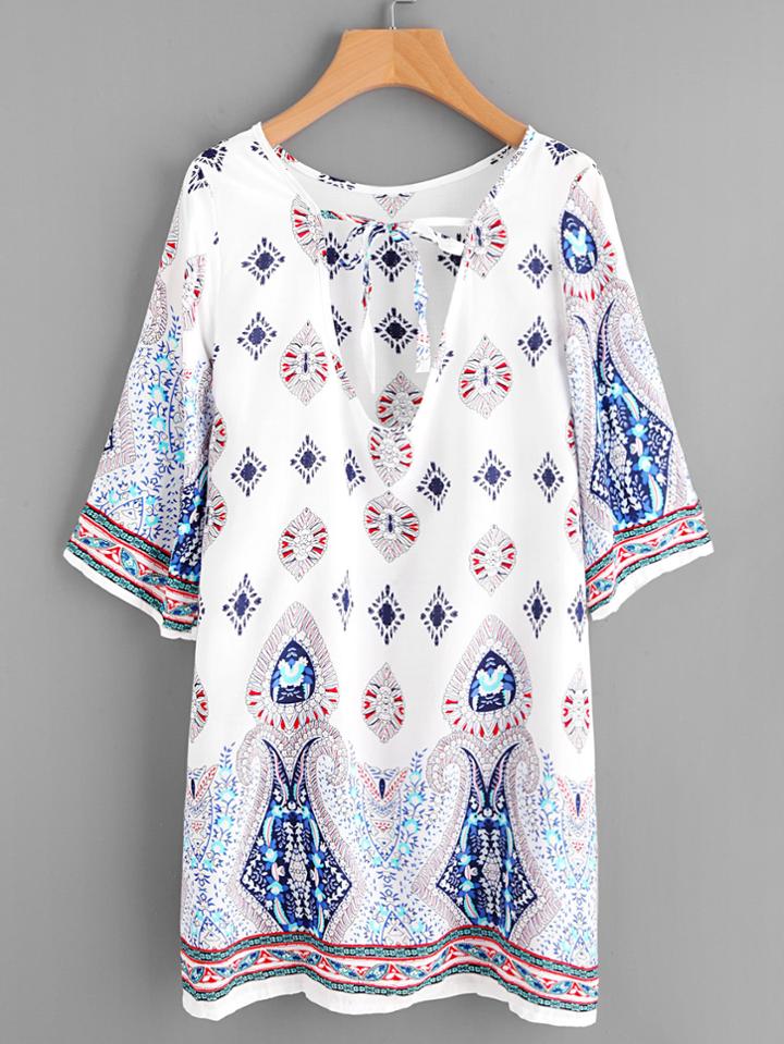 Romwe Plunge Tie Neck Ornate Print Dress