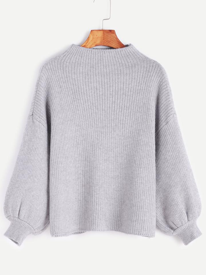 Romwe Grey Drop Shoulder Lantern Sleeve Ribbed Sweater