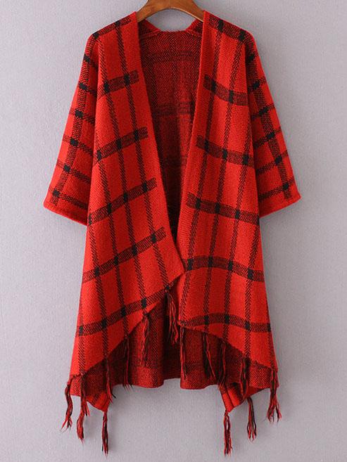 Romwe Red Plaid Dolman Sleeve Fringe Poncho Sweater
