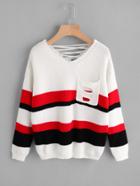 Romwe Striped Lace Up Back Sweater With Ripped Pocket