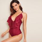 Romwe Flounce Low Back One Piece Swimsuit