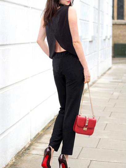 Romwe Black Sleeveless Open Back Top With Pants