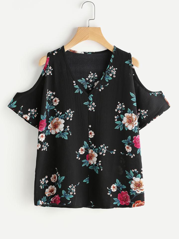 Romwe Open Shoulder Floral Print Random Top