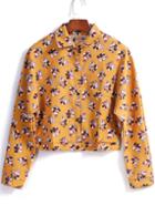 Romwe Lapel Cartoon Print With Buttons Crop Yellow Coat