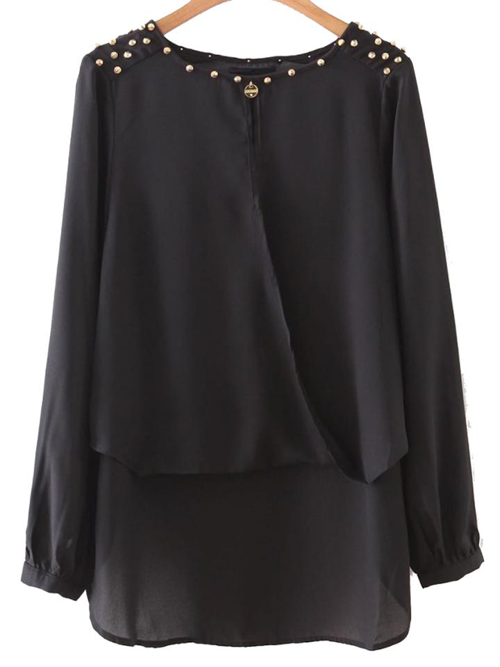 Romwe Black Dipped Hem Rivet Sheer Blouse