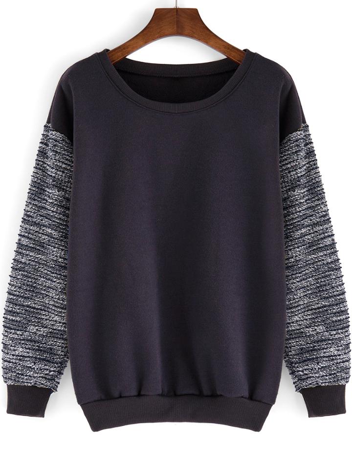 Romwe Round Neck Contrast Sleeve Loose Grey Sweatshirt