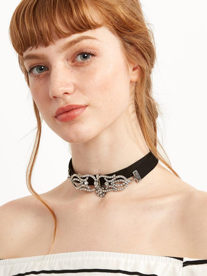 Romwe Black Layered Hollow Rhinestone Choker Necklace