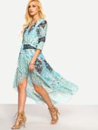 Romwe Floral Self-tie Cross Wrap Asymmetric Dress - Blue