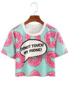 Romwe Contrast Neck Donut Print Crop Tee