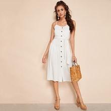 Romwe Button Up Solid Cami Dress With Belt