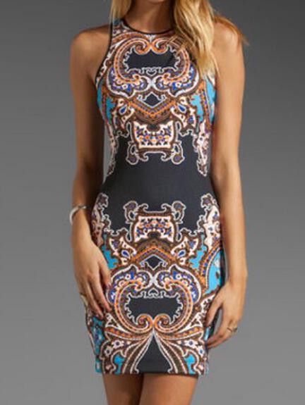 Romwe Sleeveless Vintage Print Bodycon Dress