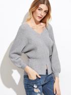 Romwe Grey Double V Neck Slit Front Sweater
