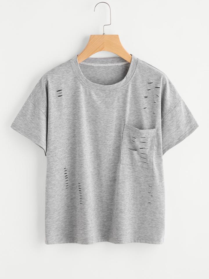 Romwe Chest Pocket Ripped Tee