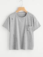 Romwe Chest Pocket Ripped Tee