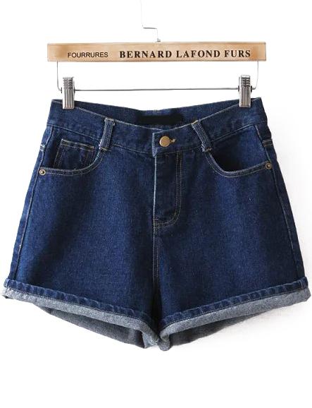 Romwe High Waist Cuffed Denim Navy Shorts