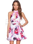Romwe White Halter Floral Print Flare Dress