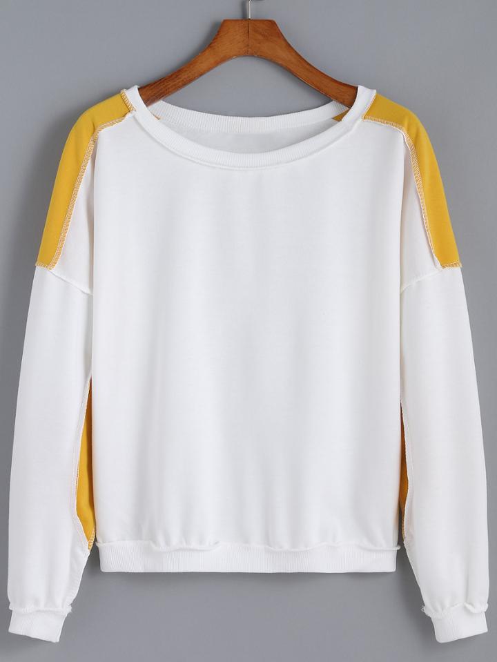 Romwe Round Neck Loose White Yellow Sweatshirt