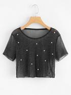 Romwe Sparkle Pearl Beading See-through Crop Tee