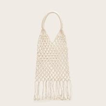 Romwe Tassel Detail Fishnet Tote Bag