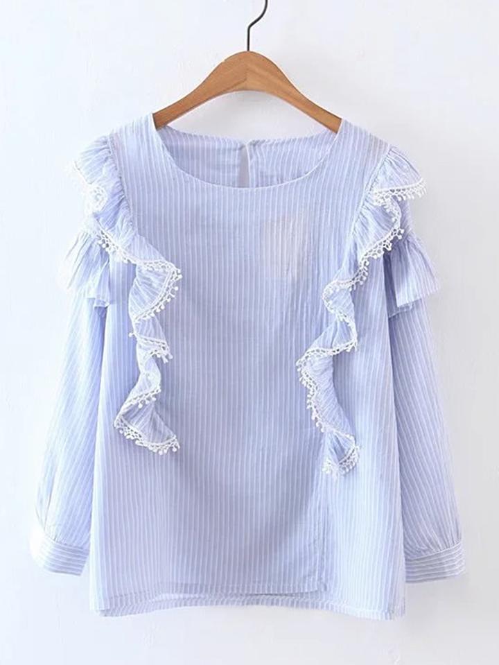 Romwe Vertical Striped Lace Trim Ruffle Blouse