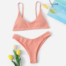 Romwe Ribbed Spaghetti Strap Top With High Cut Bikini