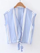 Romwe Contrast Striped Knot Front Sleeveless Blouse
