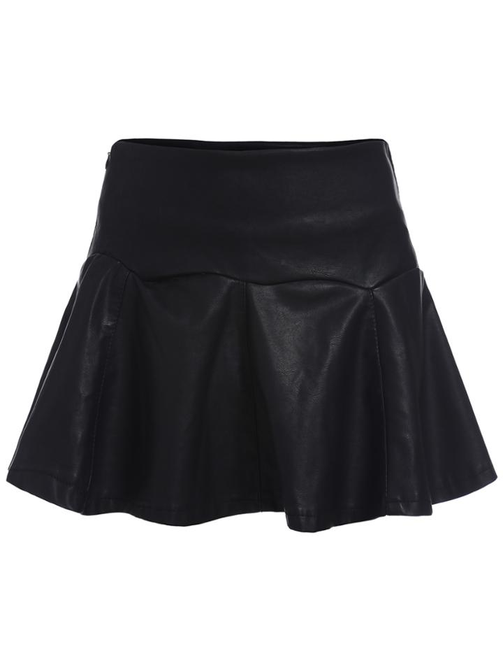 Romwe With Zipper Pu Flare Skirt