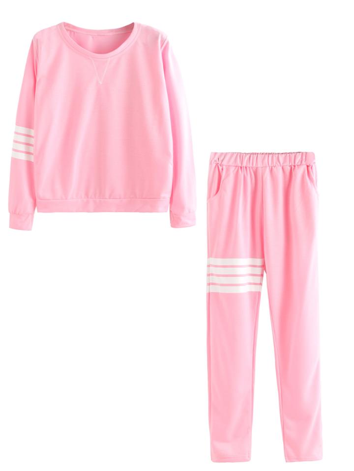Romwe Pink Striped Sweatshirt With Elastic Waist Pants