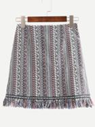 Romwe Tribal Print Fringe A-line Skirt