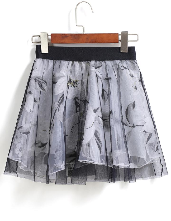 Romwe Elastic Waist Florals Mesh Black Skirt