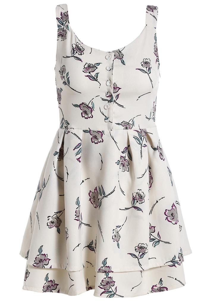 Romwe With Buttons Flower Print Tank Dress