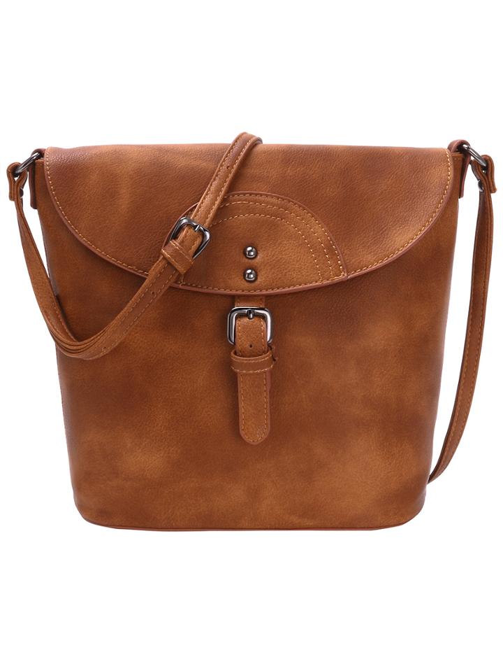 Romwe Distressed Buckle Flap Bucket Bag - Brown