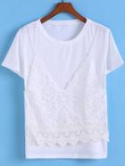 Romwe Lace Insert Embroidered White T-shirt
