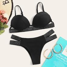 Romwe Glitter Strap Cut-out Push Up Bikini Set
