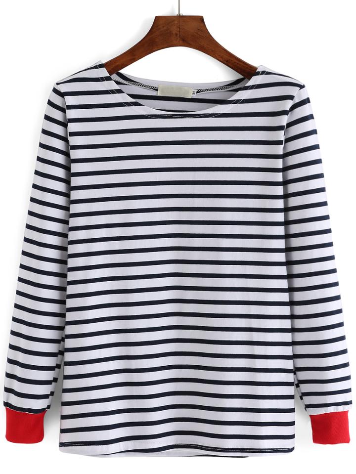 Romwe Contrast Cuff Striped Sweatshirt