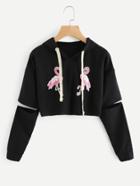 Romwe Flamingo Embroidered Patch Cut Out Sleeve Crop Hoodie