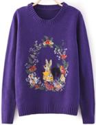 Romwe Squirrel Embroidered Crop Knit Purple Sweater