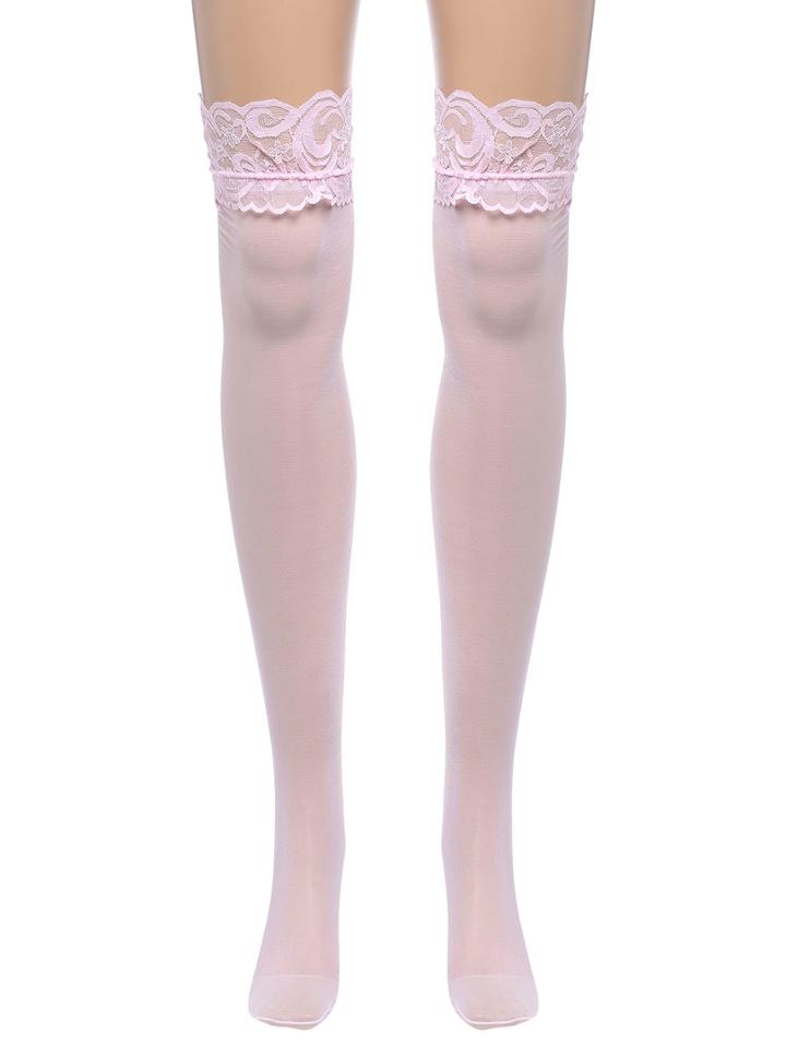 Romwe Pink Lace Top Thigh High Stockings Nightclubs Pantyhose