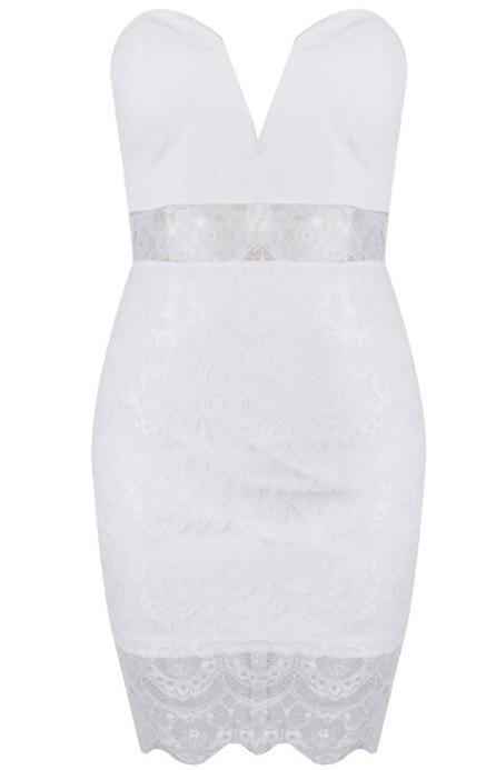 Romwe Strapless V Cut With Sheer Lace Bodycon White Dress