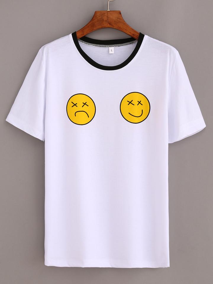 Romwe Contrast Neck Emoji Print T-shirt - White