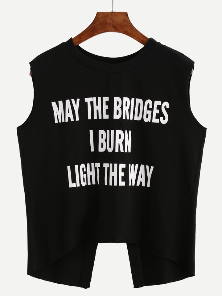 Romwe Black Letter Print Split Top