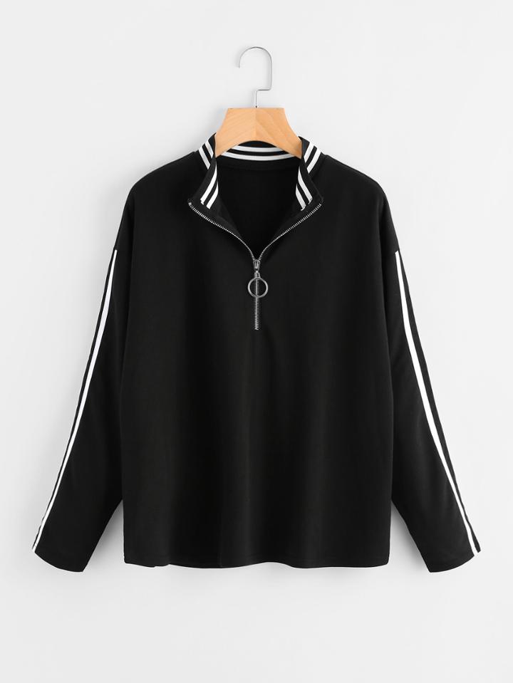 Romwe Striped Trim Drop Shoulder Zipper Sweatshirt