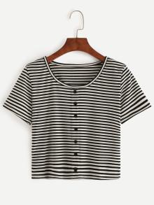Romwe Buttons Striped T-shirt