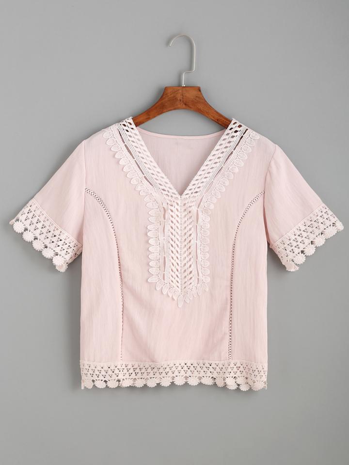 Romwe Pink V Neck Contrast Lace Hollow Top