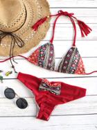 Romwe Red Printed Bow Embellished Triangle Bikini Set