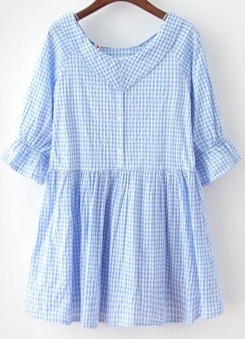 Romwe Blue Bow Collar Plaid Loose Dress
