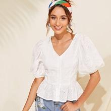 Romwe Puff Sleeve Button Front Schiffy Peplum Blouse