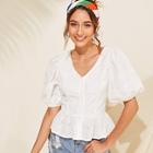 Romwe Puff Sleeve Button Front Schiffy Peplum Blouse